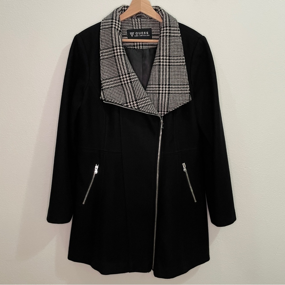Guess Fit & Flare Houndstooth Plaid Collar Wool Blend Coat - Black